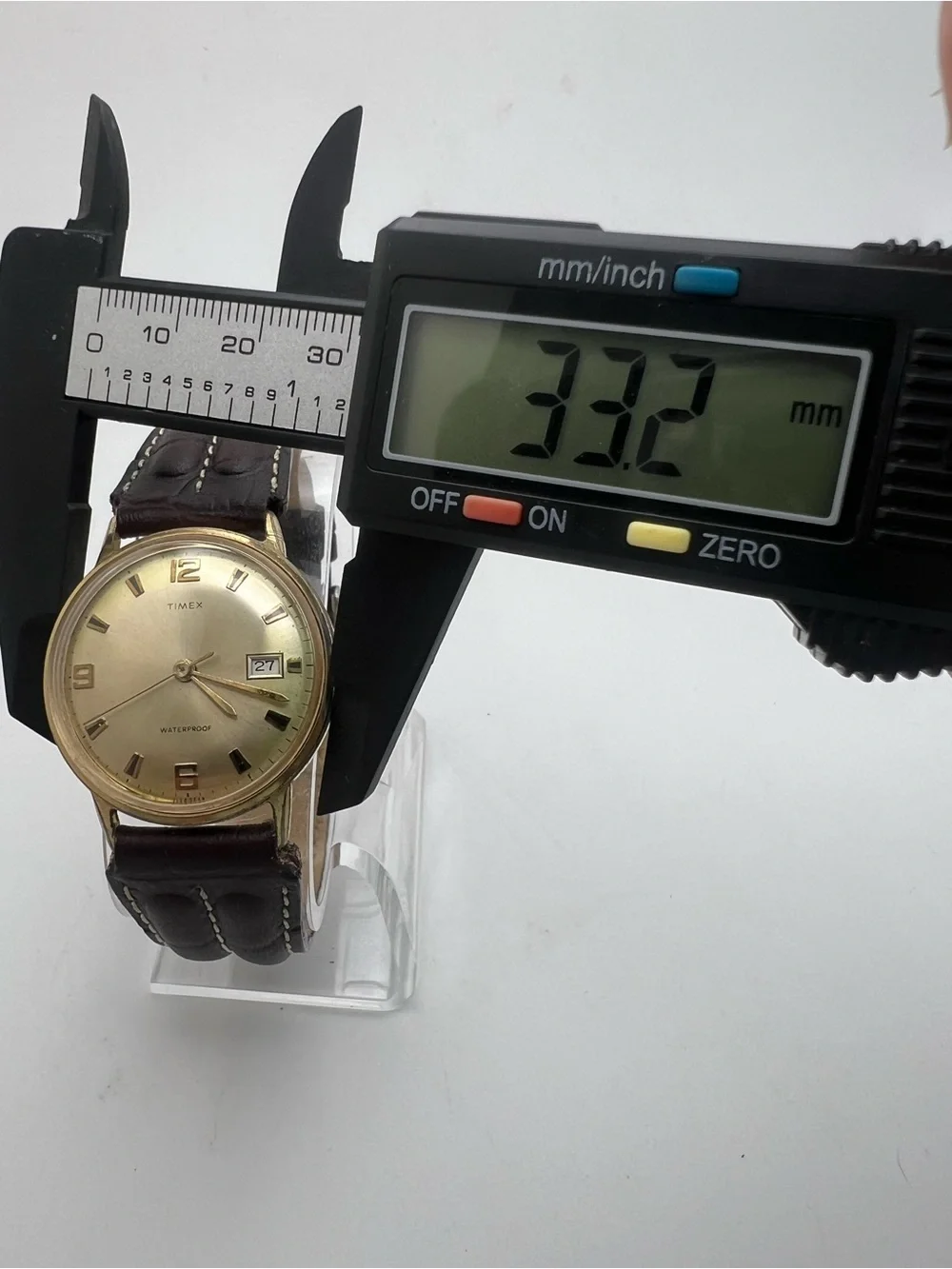Timex Gold Dial Watch with Dark Brown Leather Strap